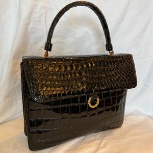 1960s Vintage Black Faux Alligator Patent Leather handbag by Lewis